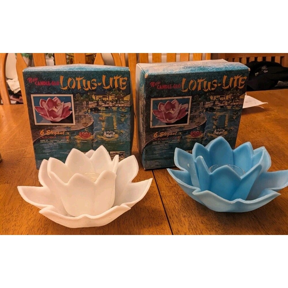 Set of 2 Blue White Lotus Lite Floating Pool Vintage Candle Holder Candle Glo